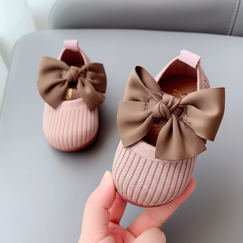 SweetBow – Suloista ja käytännöllistä – Neulotut vauvan kengät, joissa on perhosrusetti