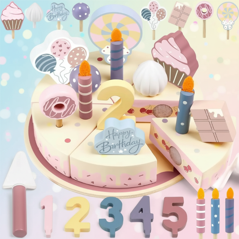 Wooden Cake Cutting Toy – Luovuus ja roolileikki – Puinen syntymäpäiväkakku