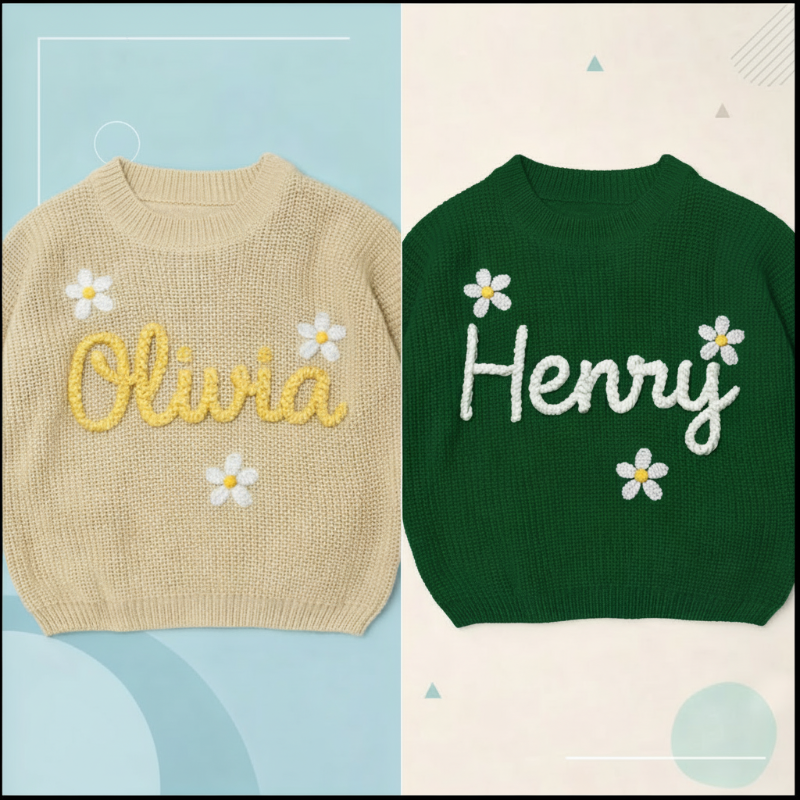 TinyStitch – Henkilökohtainen neulottu nimipaita lapsille