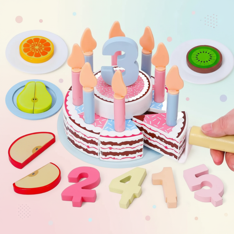 Wooden Cake Cutting Toy – Luovuus ja roolileikki – Puinen syntymäpäiväkakku