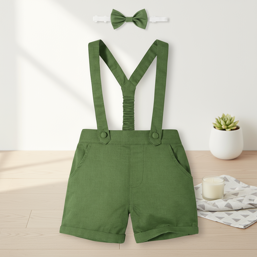 LittleDandy – Klassinen ja tyylikäs – Puuvillaiset shortsit henkseleillä ja rusetilla