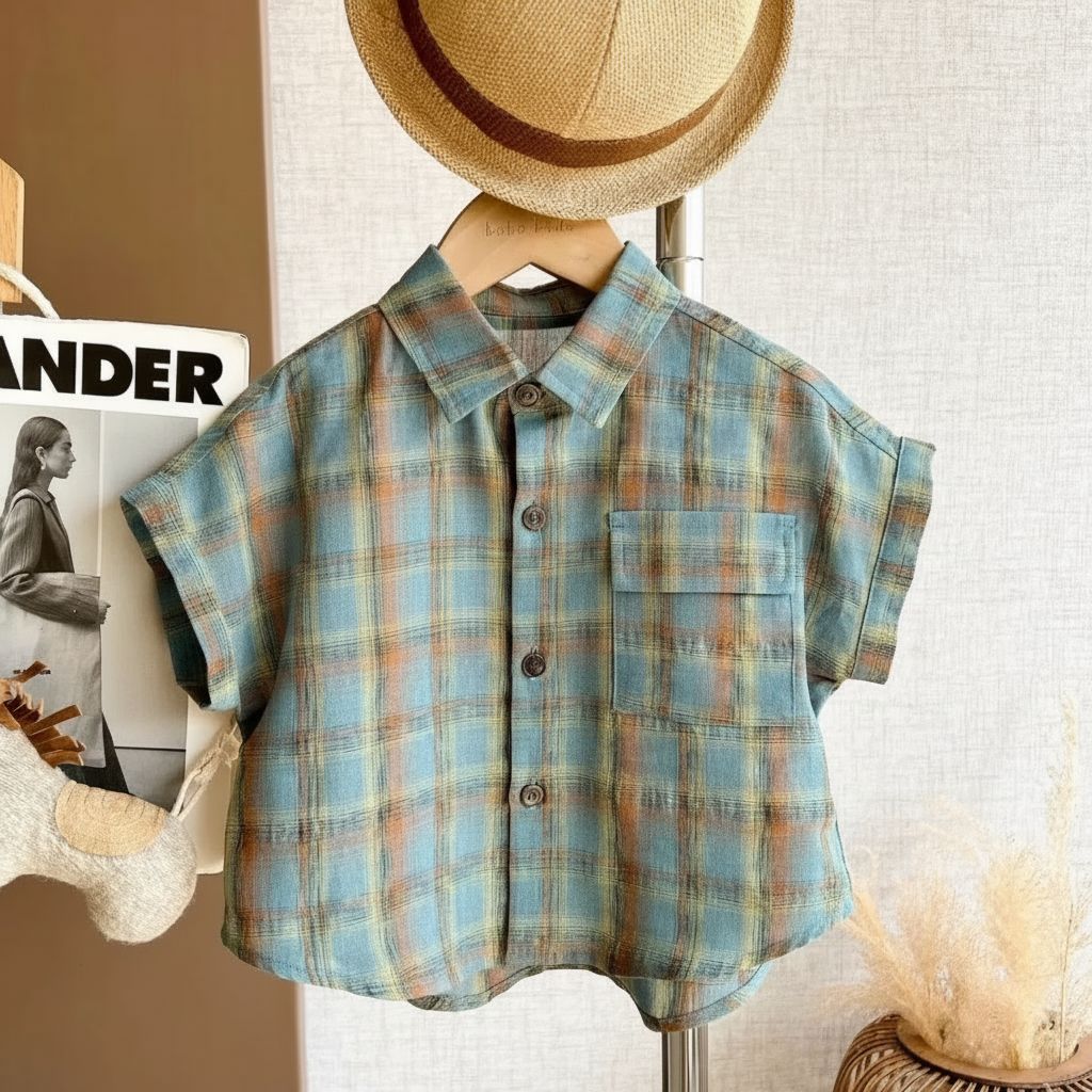 LittleGent – Trendy & Casual – Poikien asukokonaisuus, jossa on ruudullinen paita ja shortsit