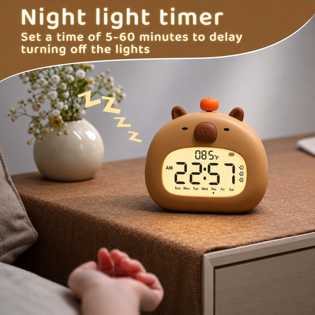 CappyClock – Söpö ja monikäyttöinen – digitaalinen lasten herätyskello, jossa on yövalo