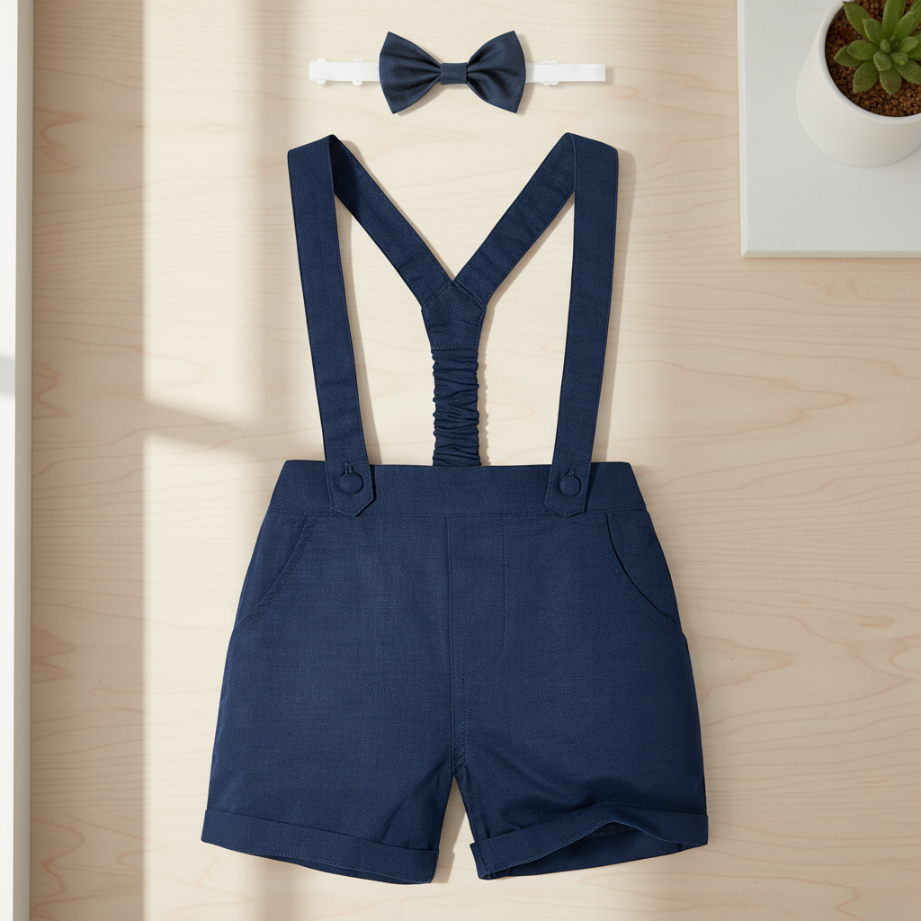 LittleDandy – Klassinen ja tyylikäs – Puuvillaiset shortsit henkseleillä ja rusetilla