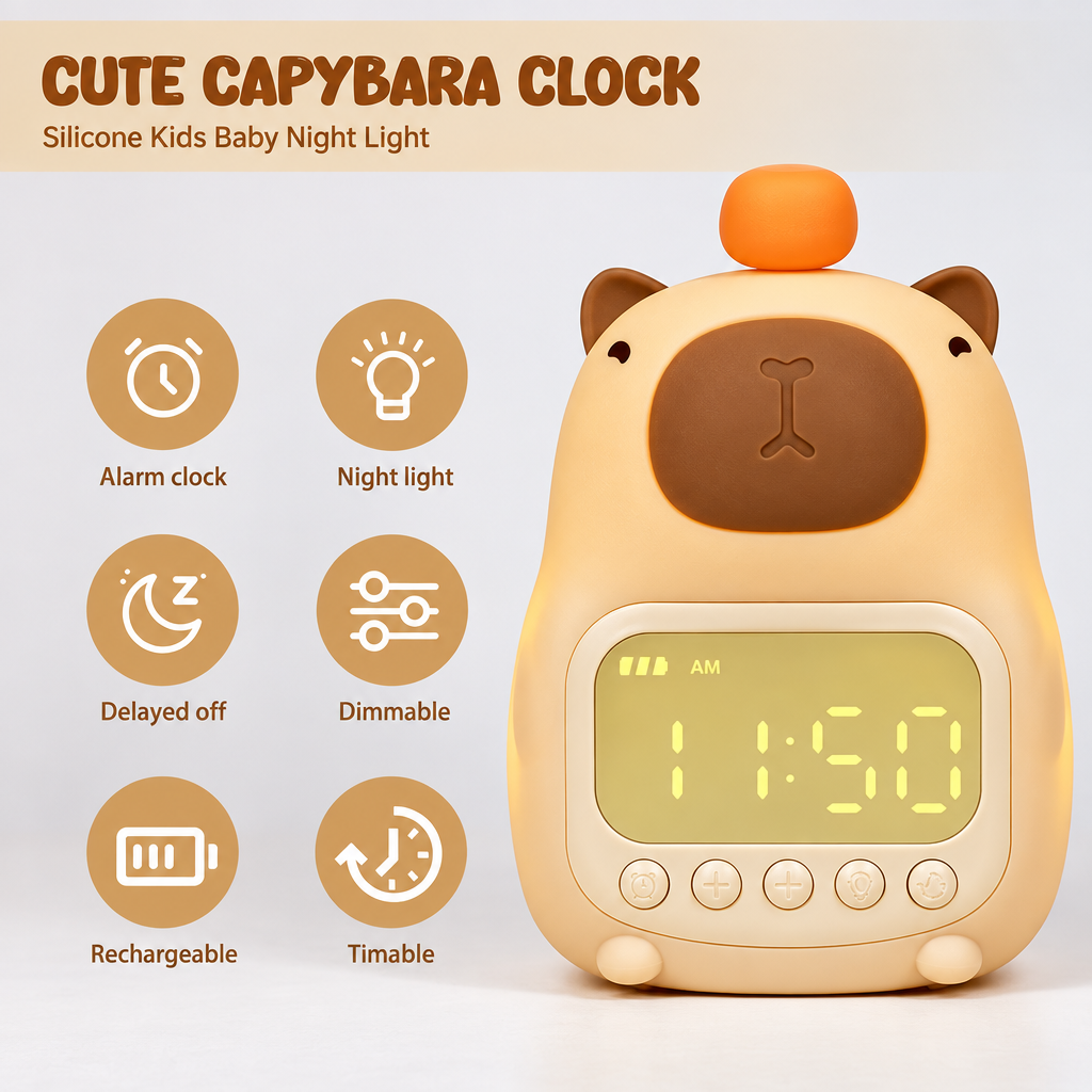 CappyClock – Söpö ja monikäyttöinen – digitaalinen lasten herätyskello, jossa on yövalo
