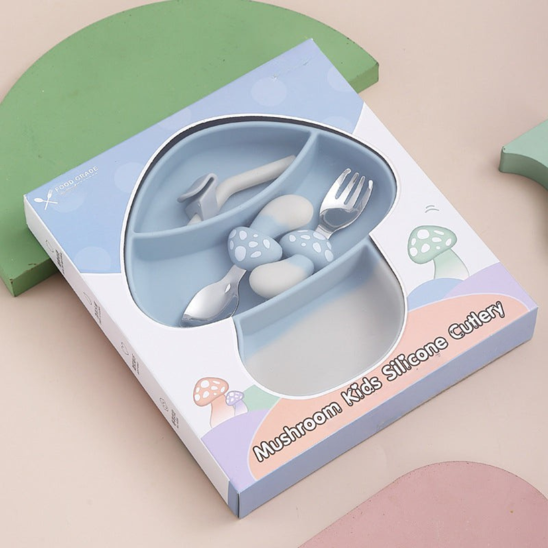 MiniMeal – Turvallinen ja luistamaton – silikoninen pikkulasten lautasetti ja ruokailuvälineet