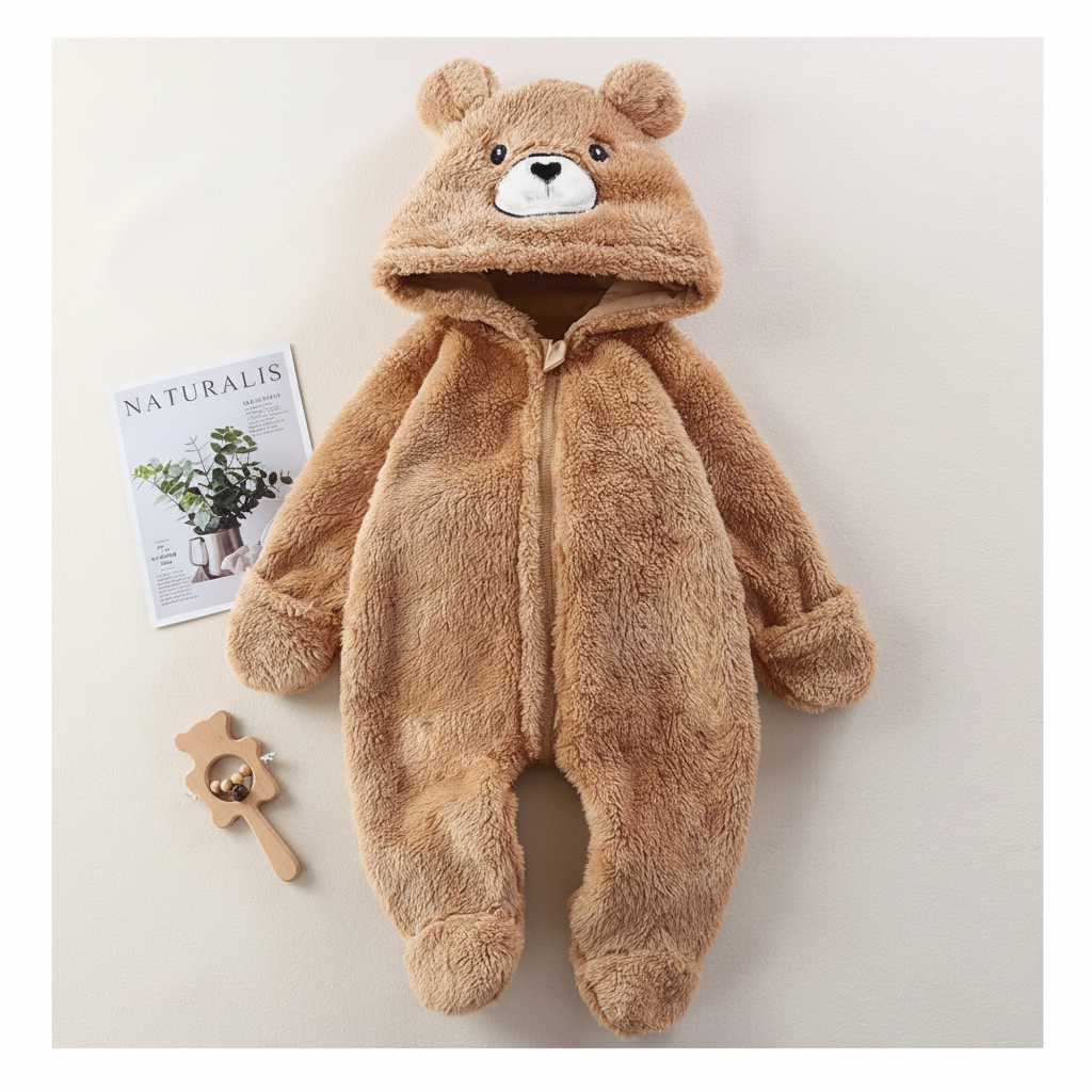 CozyBear – Pehmeä ja lämmin – vauvan body, jossa on eläinaiheinen huppu