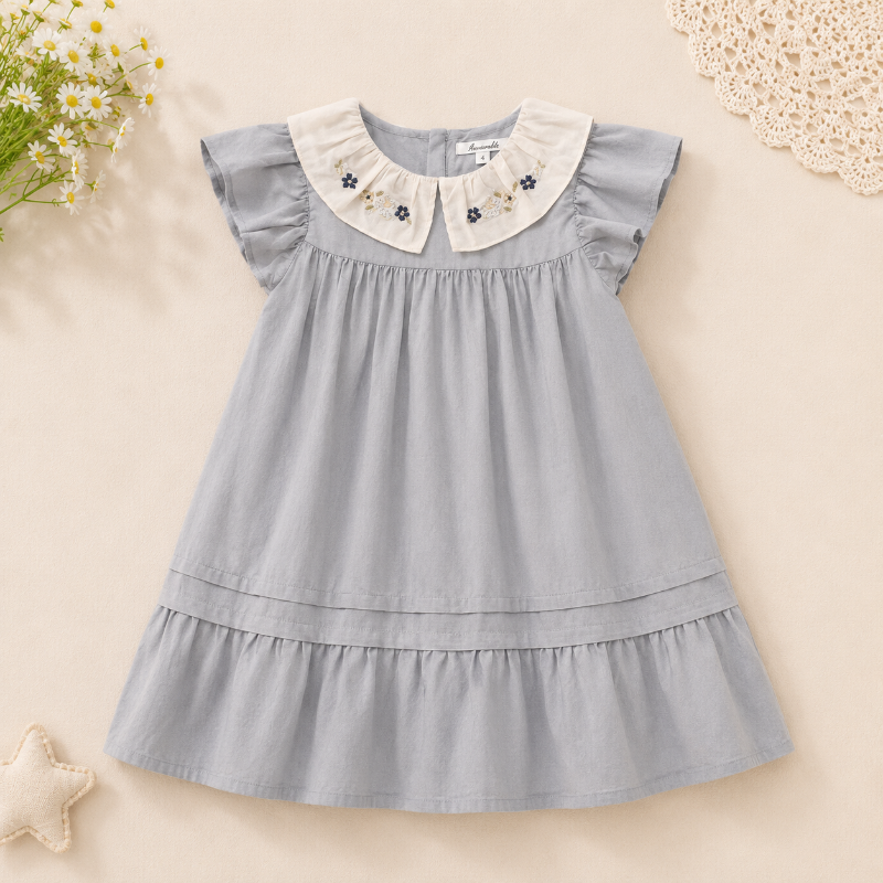 Short Sleeve Embroidery Dress – Elegantti ja mukava – boutique-tyylinen tyttöjen mekko