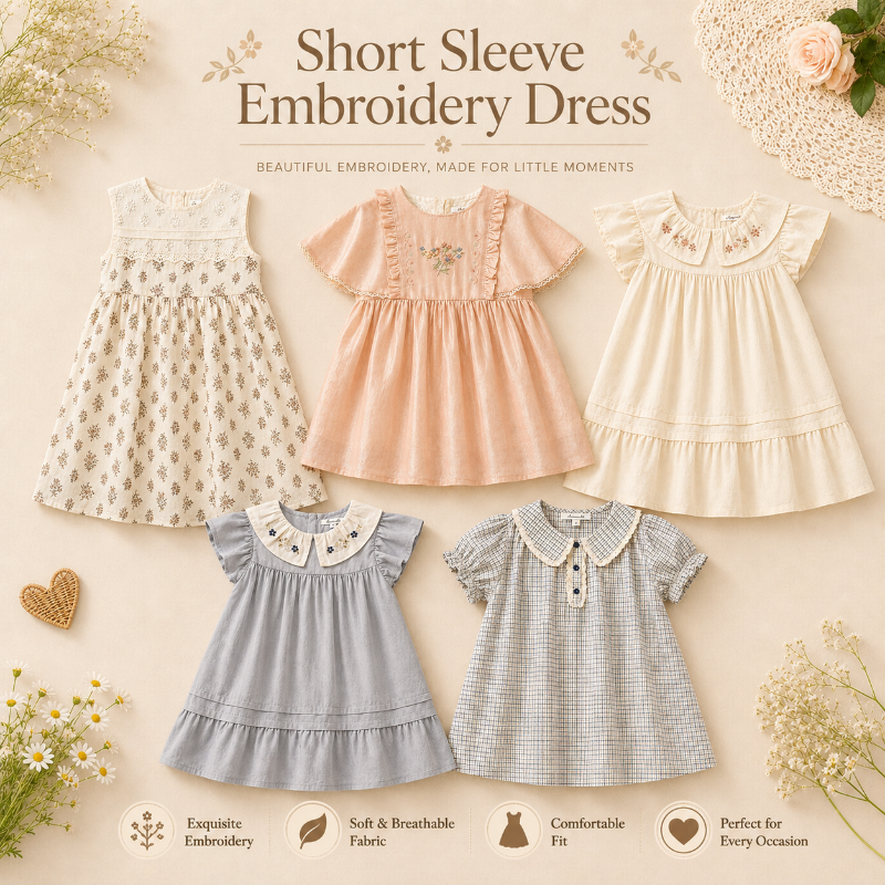 Short Sleeve Embroidery Dress – Elegantti ja mukava – boutique-tyylinen tyttöjen mekko