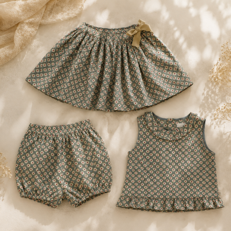 Matching Set – Mukava & koiranputki-kuvio – bloomerit, hame ja pusero