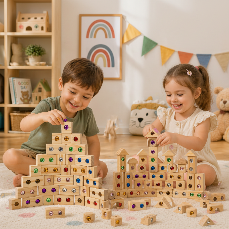 Rainbow Gem Stacking Blocks – Luova ja opettavainen – Puinen pinoamispalikkasarja