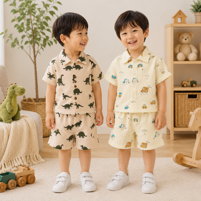 Dinosaur & Car Print Outfit – Tyylikäs ja leikkisä – kesävaatesetti