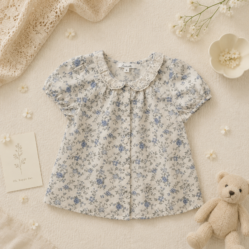 Vine Print Blouse – Kevyt ja suloinen – Lasten pusero, jossa on pöyheät hihat