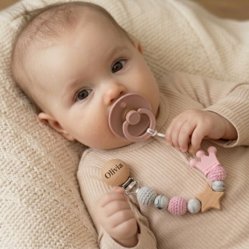 Baby Pacifier Holder – Nimellä – Henkilökohtaiset puu- ja silikonikivet
