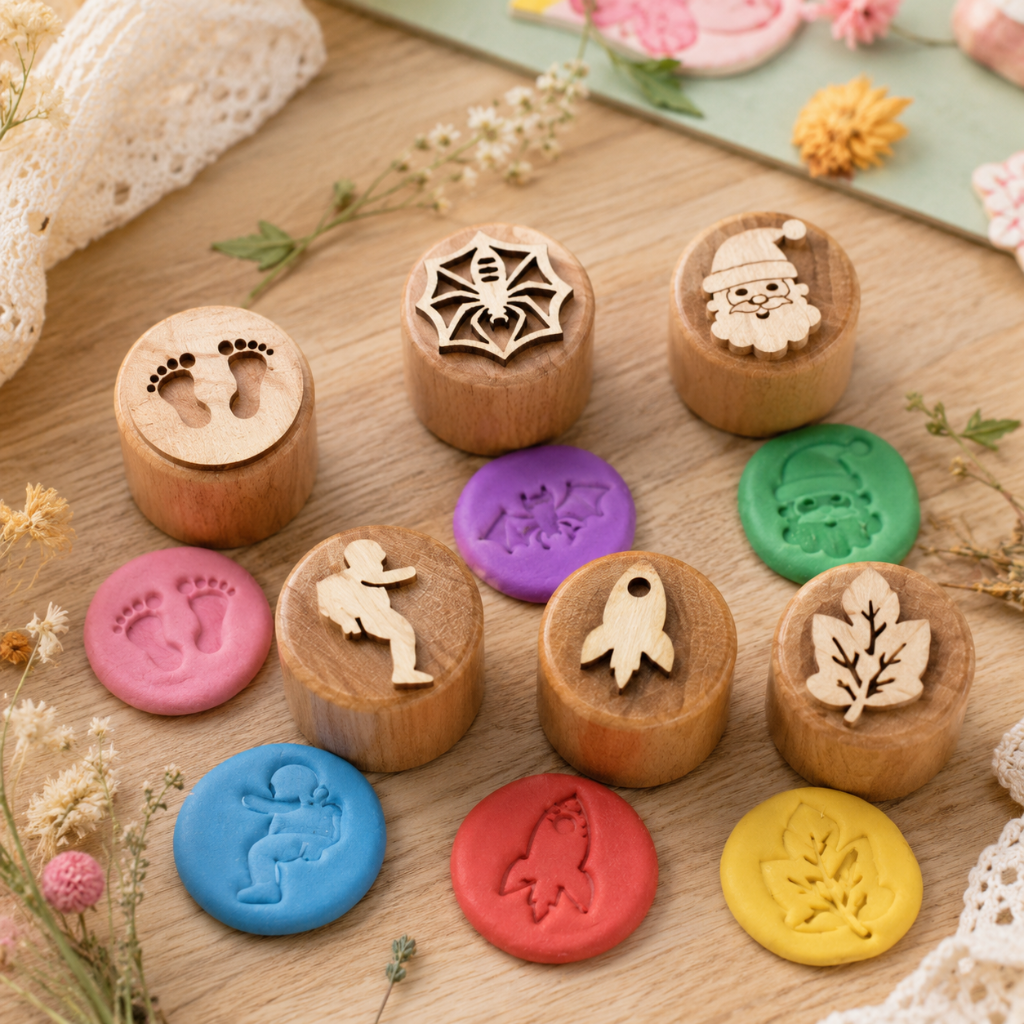 WoodStamp – Montessori & Luovuus – 6 kpl puisia savileimasimia