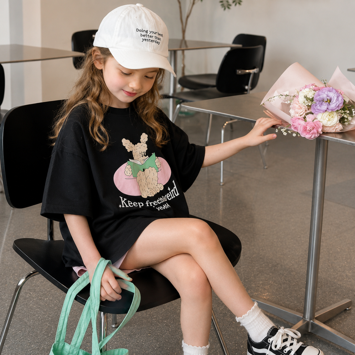 SunnyKids – Mukava ja söpö – Oversized-T-paita, jossa on sarjakuvapainatus
