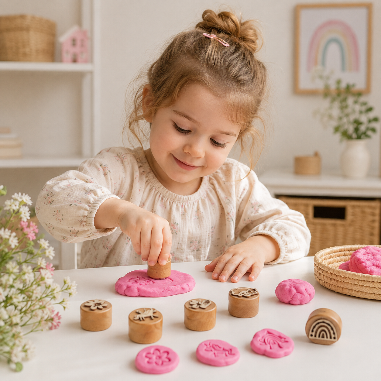 WoodStamp – Montessori & Luovuus – 6 kpl puisia savileimasimia