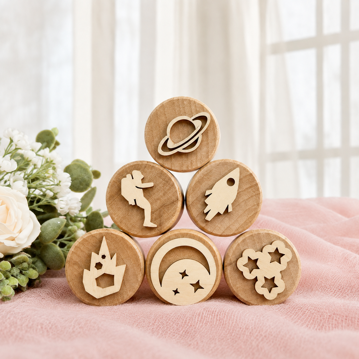 WoodStamp – Montessori & Luovuus – 6 kpl puisia savileimasimia