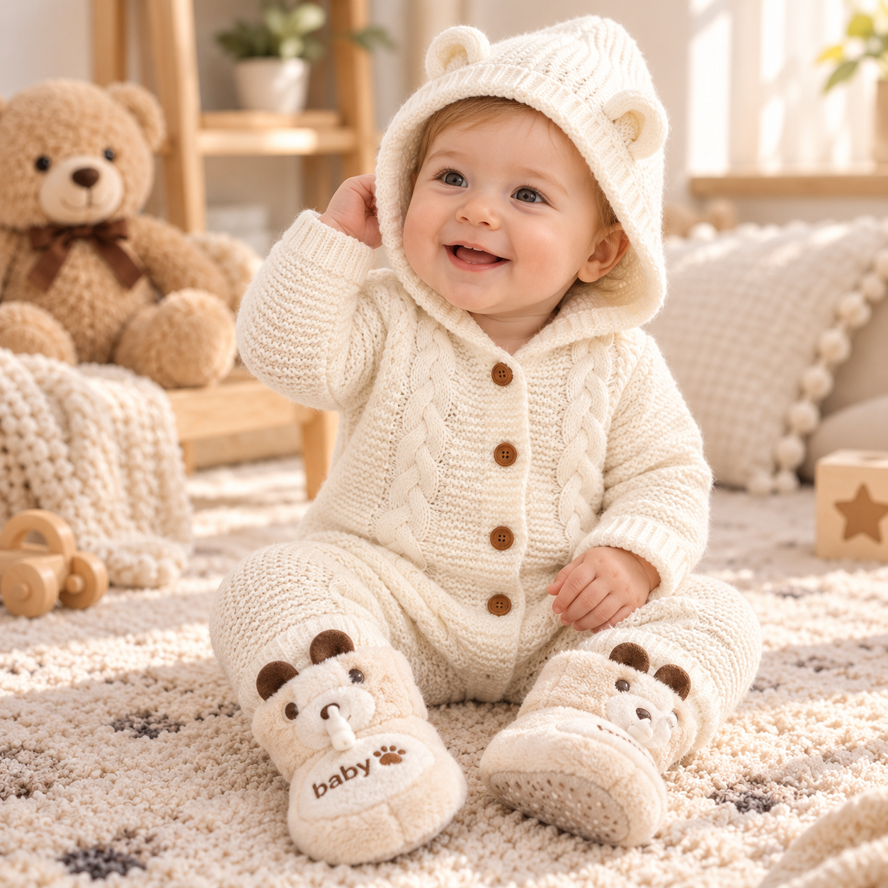 SoftKnit – Lämmin & Suloinen – Neulottu Vauvan Hupullinen Haalari