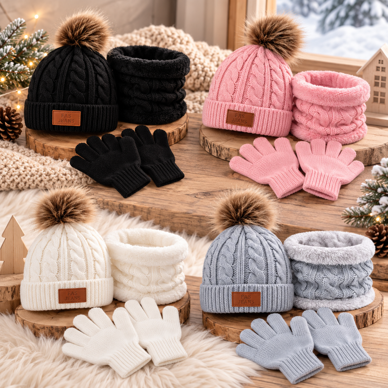 CozyPom –Lämmin & Pehmeä - Talvisetti, jossa on pipo, huivi ja hanskat