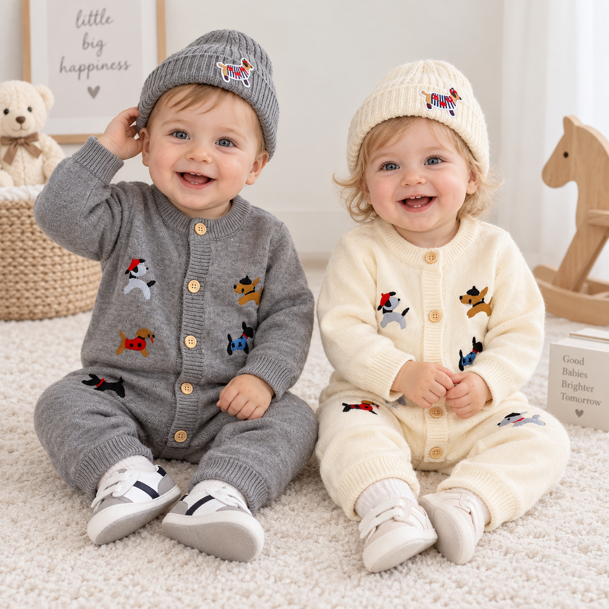 PlayfulKnit – Pehmeä ja suloinen – neulottu vauvan haalari, jossa on koirakuviota