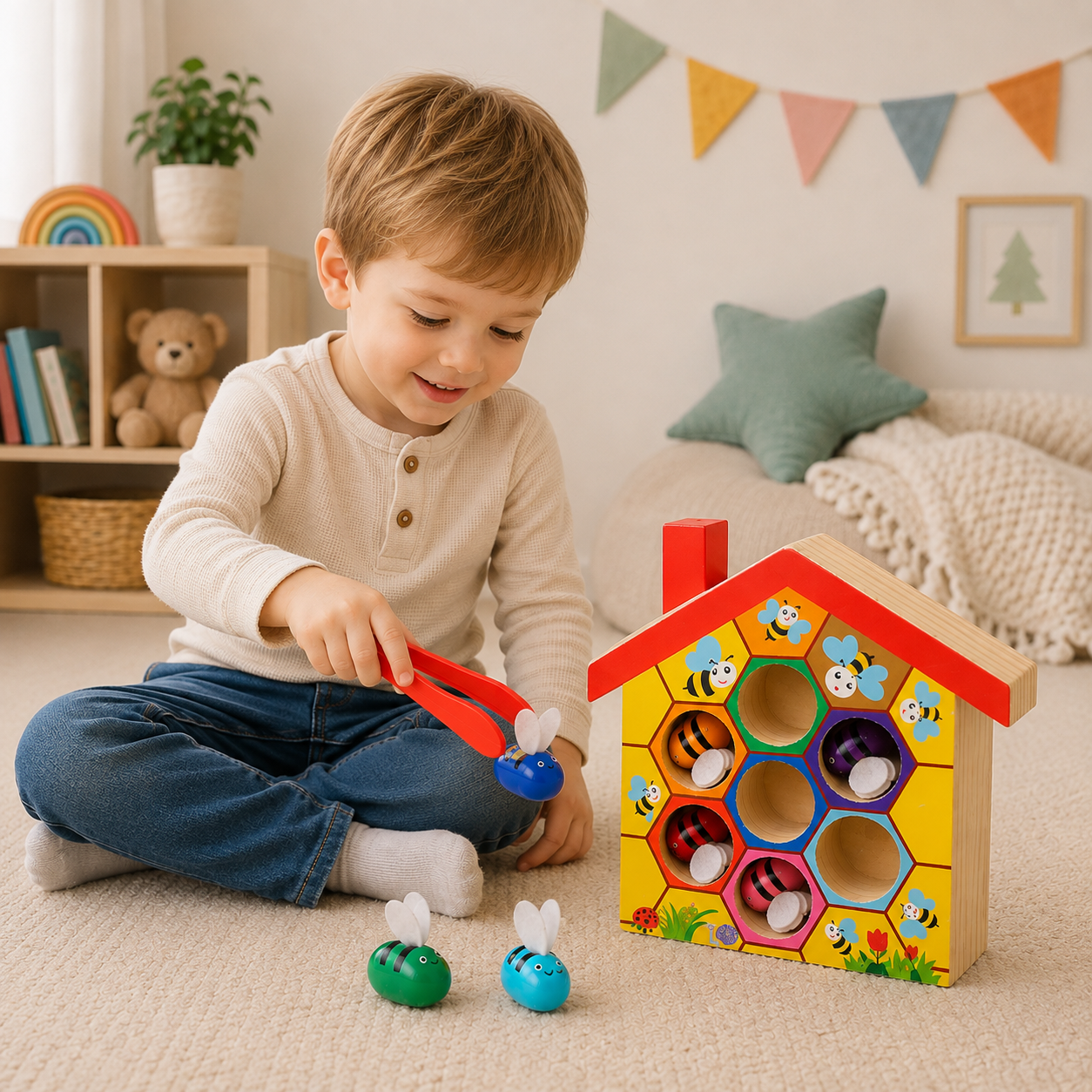 HoneyHive – Montessori &  Opettavainen – Puinen mehiläisten lajittelupeli