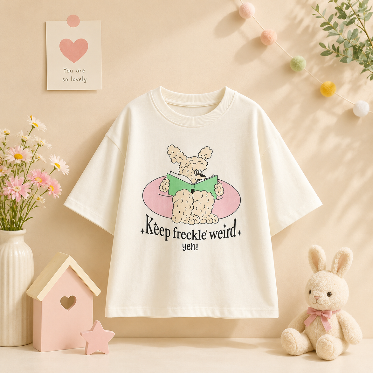 SunnyKids – Mukava ja söpö – Oversized-T-paita, jossa on sarjakuvapainatus