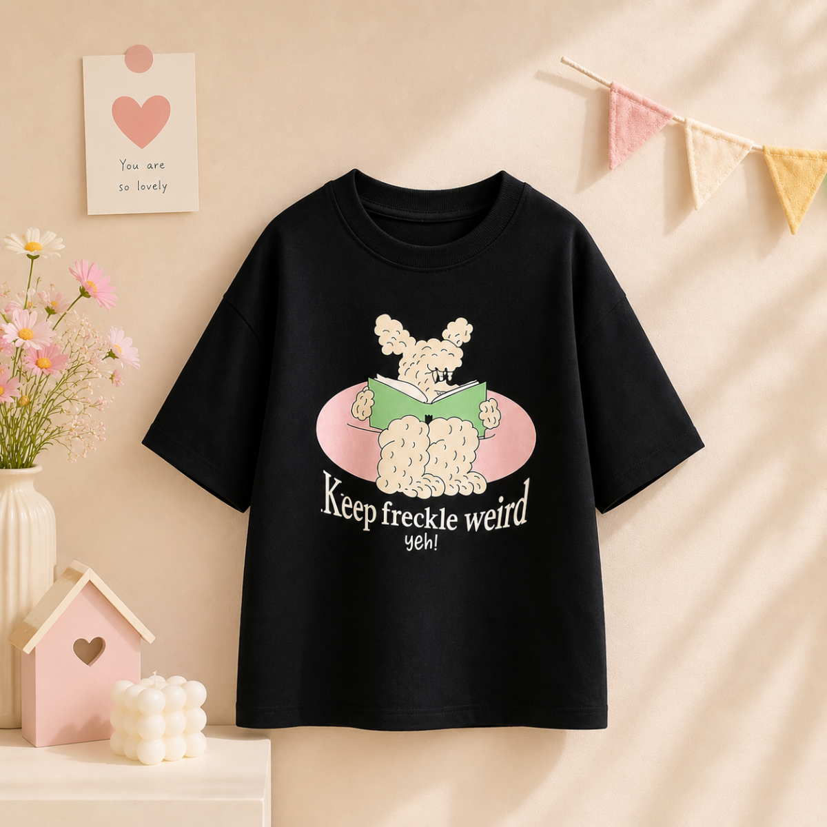 SunnyKids – Mukava ja söpö – Oversized-T-paita, jossa on sarjakuvapainatus