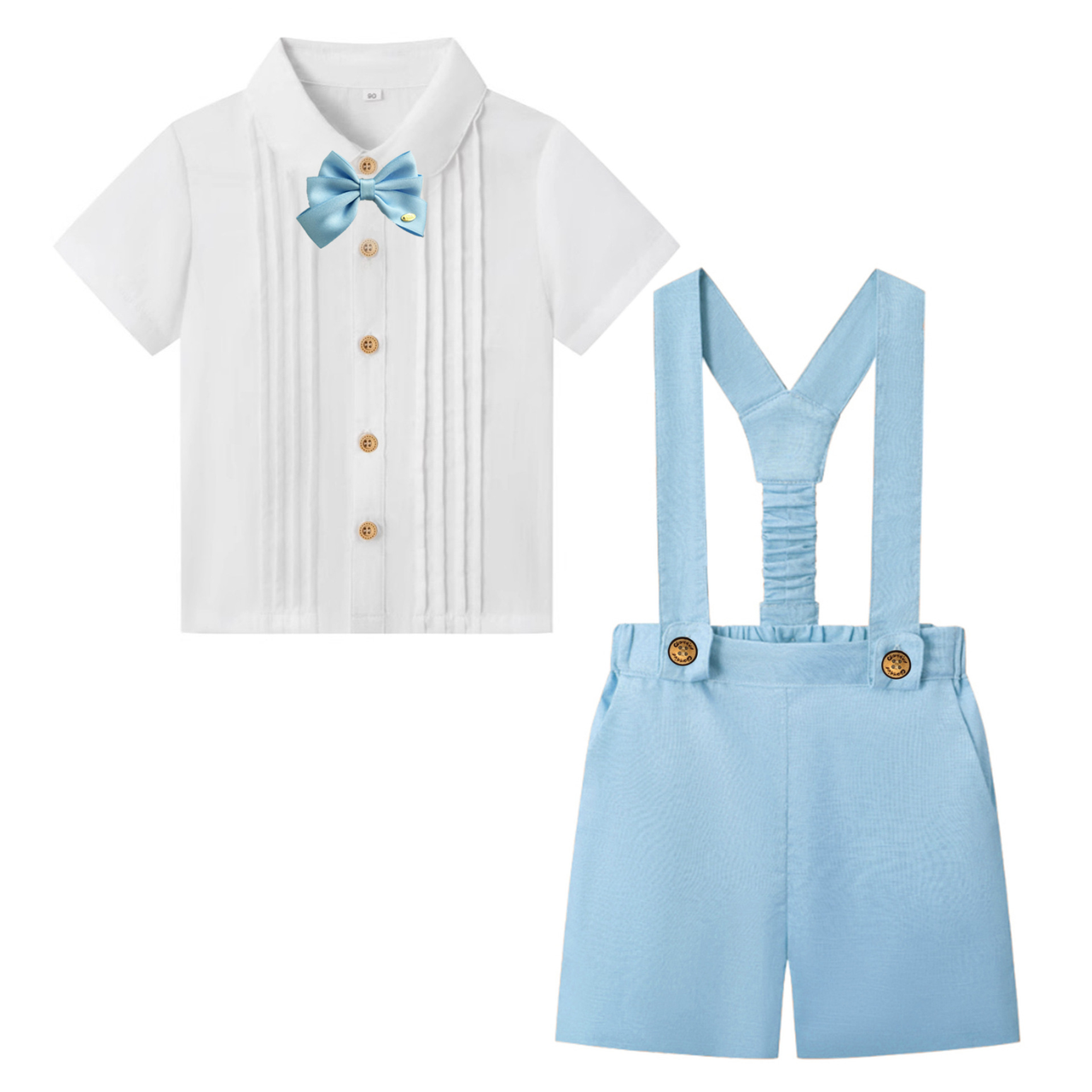 LittleDandy – Klassinen ja tyylikäs – Puuvillashortsit henkselien, rusetin ja paidan kanssa