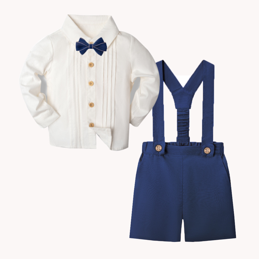 LittleDandy – Klassinen ja tyylikäs – Puuvillashortsit henkselien, rusetin ja paidan kanssa