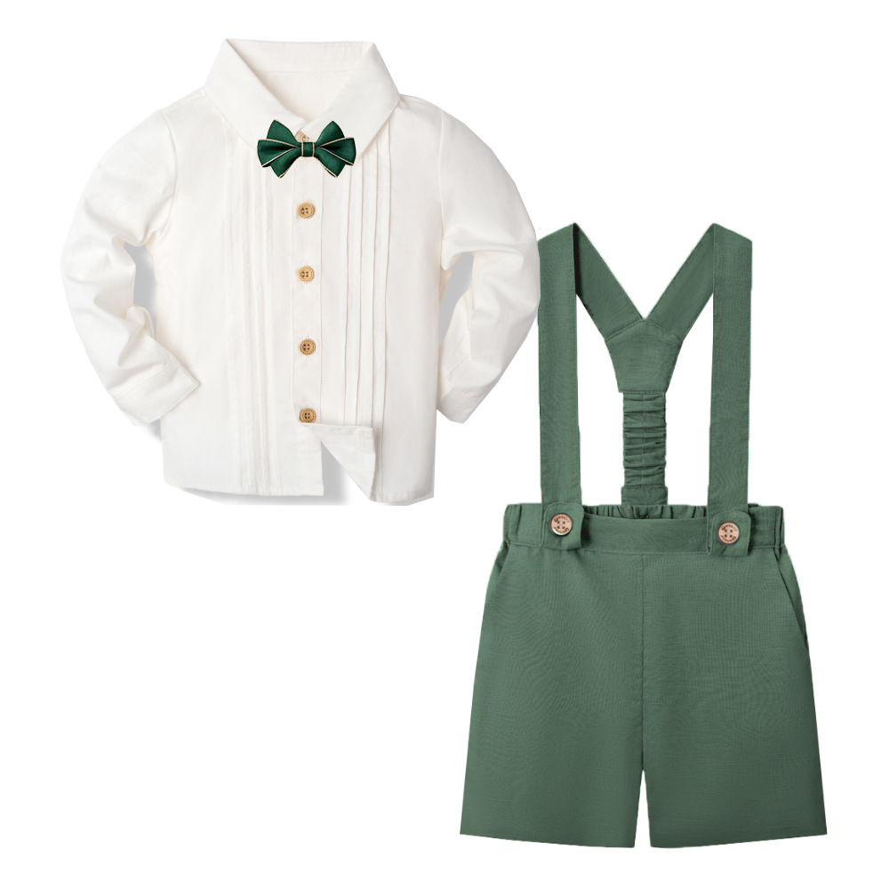 LittleDandy – Klassinen ja tyylikäs – Puuvillashortsit henkselien, rusetin ja paidan kanssa