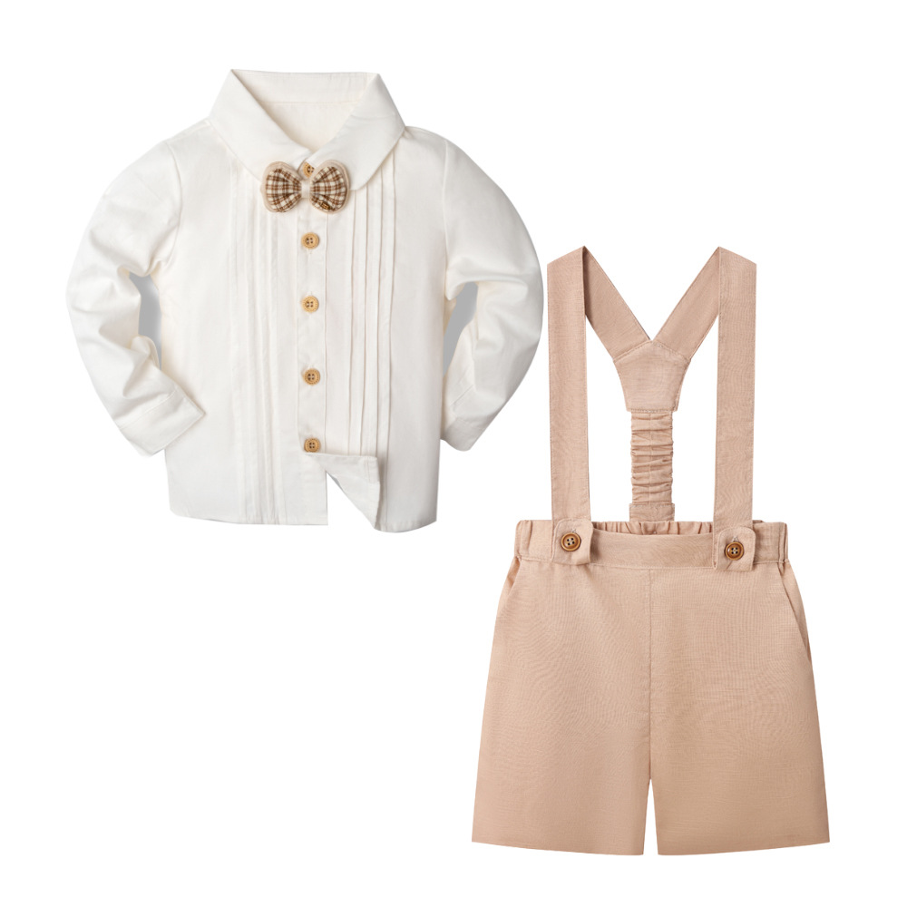 LittleDandy – Klassinen ja tyylikäs – Puuvillashortsit henkselien, rusetin ja paidan kanssa