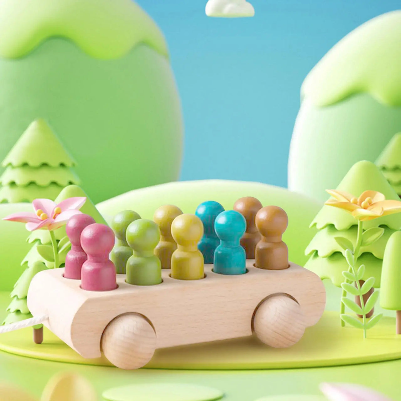 Pop & Roll – Motoriset taidot ja fantasia – Puiset nuket auto setti