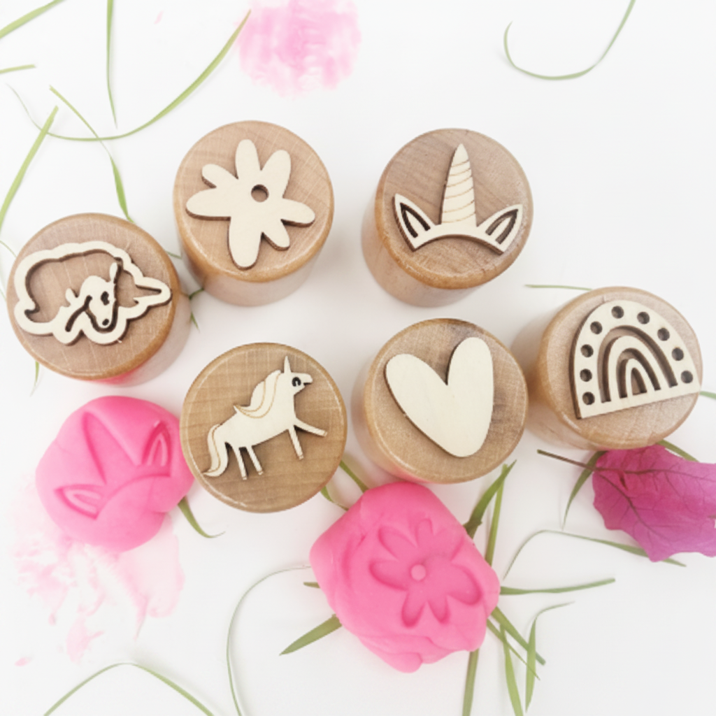 WoodStamp – Montessori & Luovuus – 6 kpl puisia savileimasimia