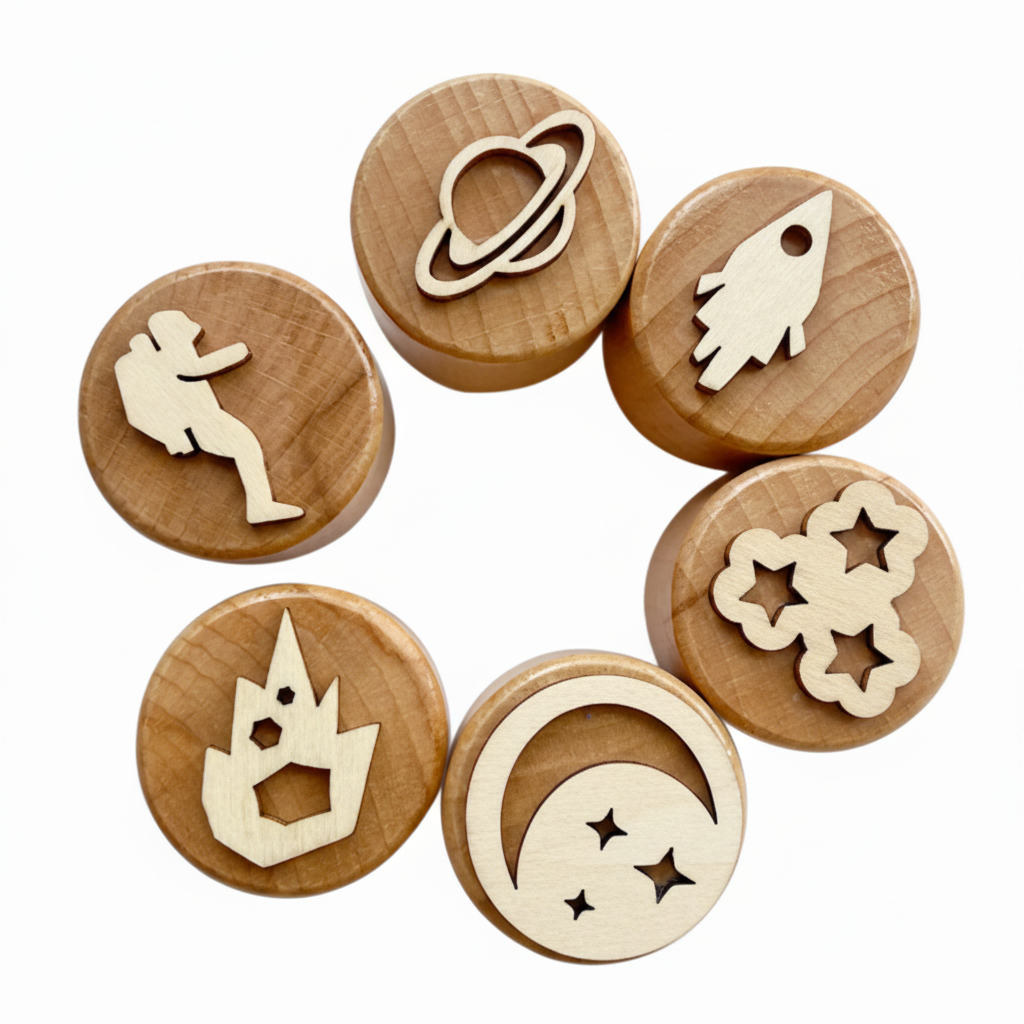 WoodStamp – Montessori & Luovuus – 6 kpl puisia savileimasimia