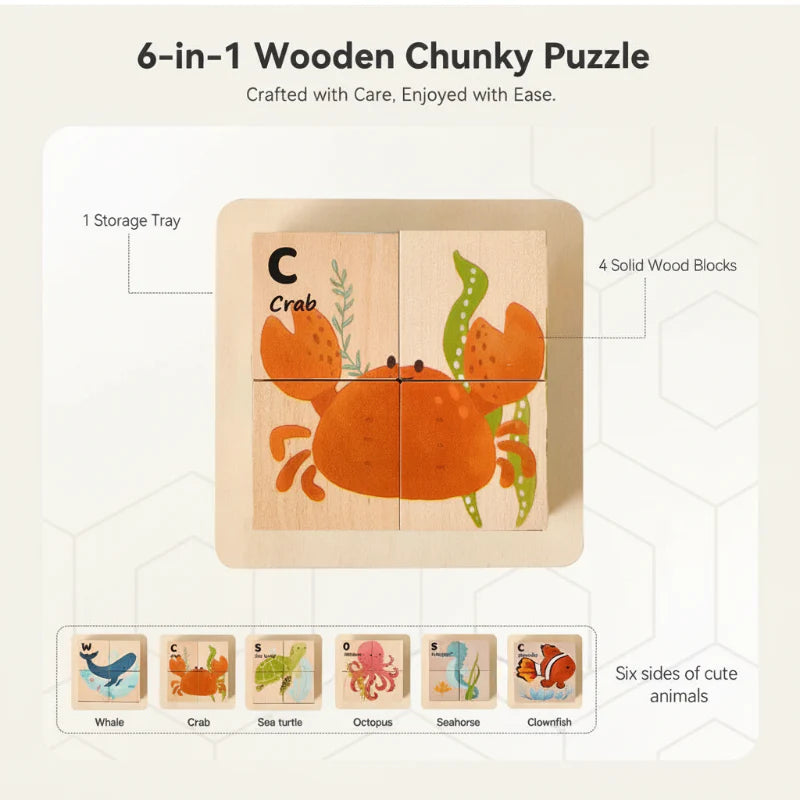 WoodMind – Luova ja opettavainen – 6-in-1 Montessori-eläinpuupalapeli