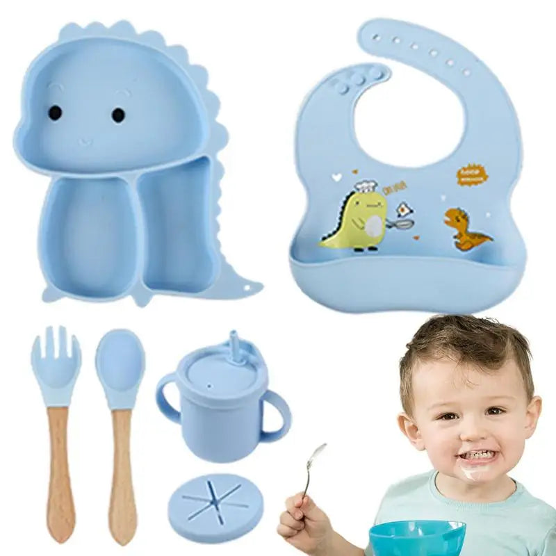 Dino Tablewear Set™ - 7-osainen setti - Silikoniset lasten ruokailuvälineet