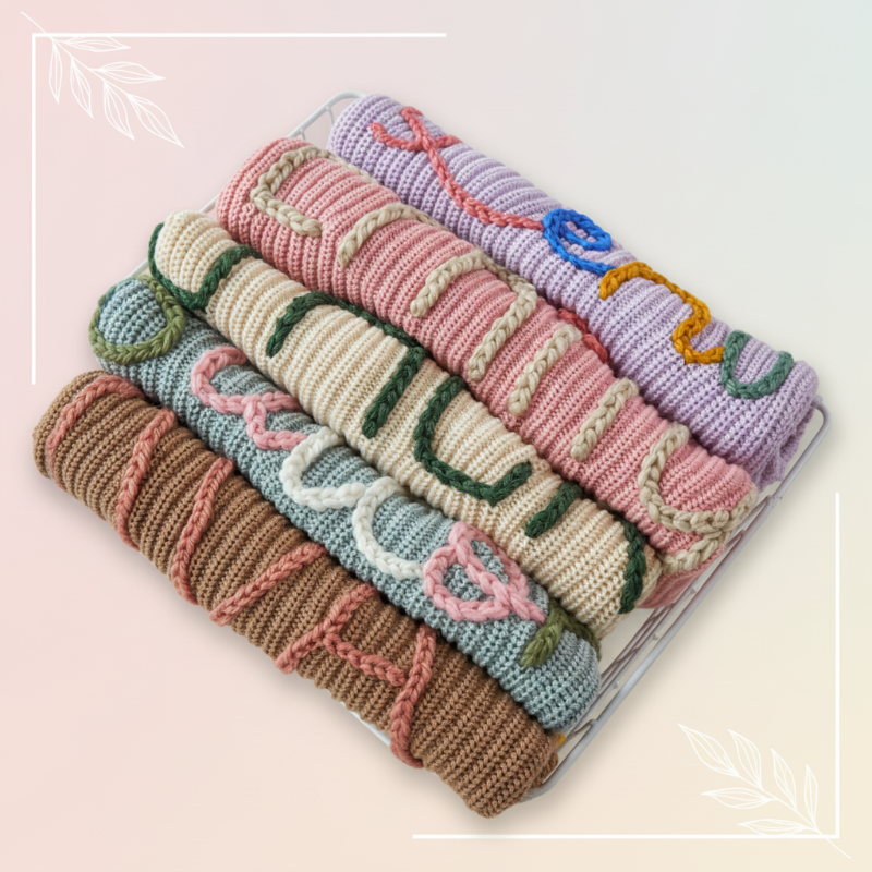 TinyStitch – Henkilökohtainen neulottu nimipaita lapsille