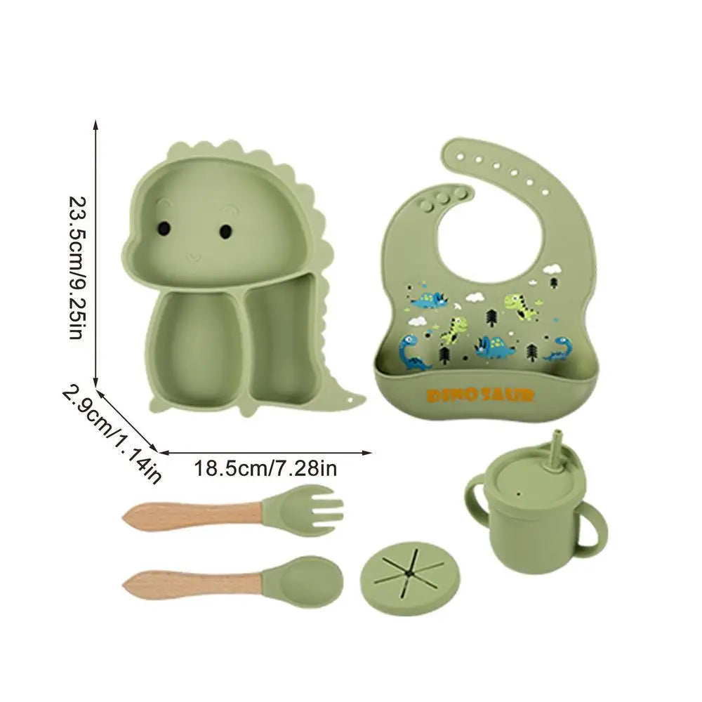 Dino Tablewear Set™ - 7-osainen setti - Silikoniset lasten ruokailuvälineet