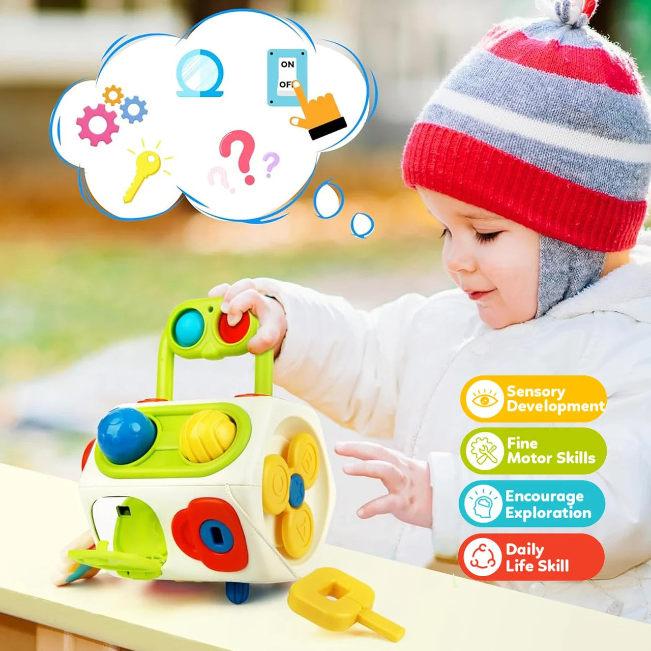 Montessori Busy Cube™ – Kätevä matkoilla - Aistikuutio